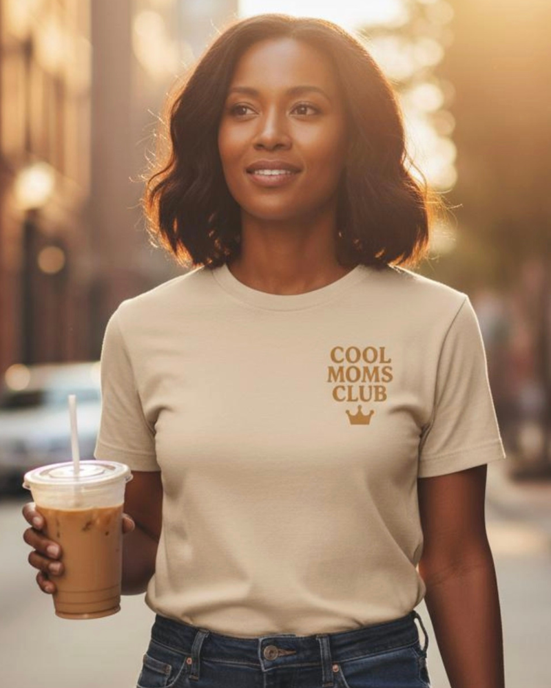 Cool Moms Club graphic tee worn by confident mom, elevated everyday style
