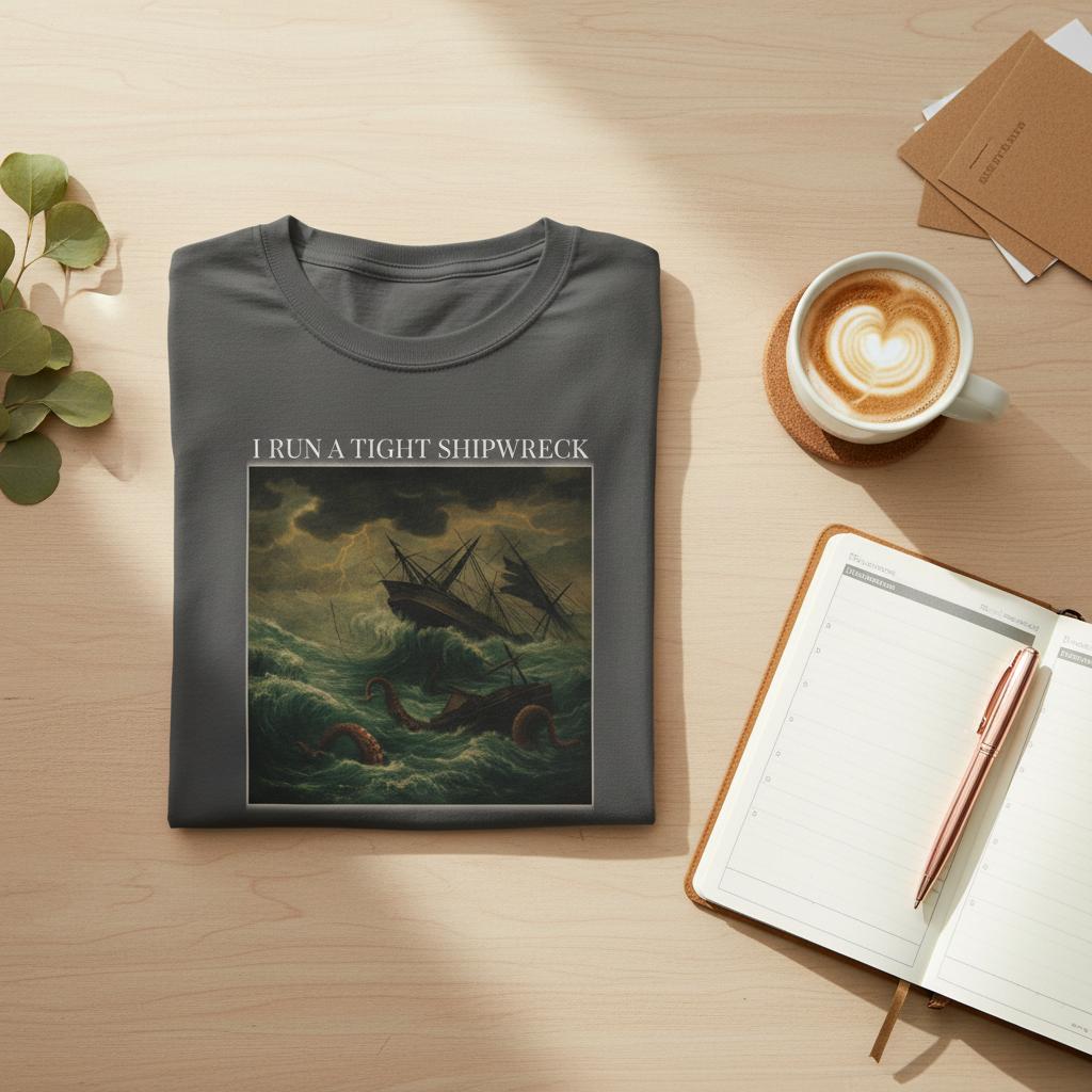 Pepper t-shirt with shipwreck graphic and text on a wooden surface with a cup of coffee and notebook.