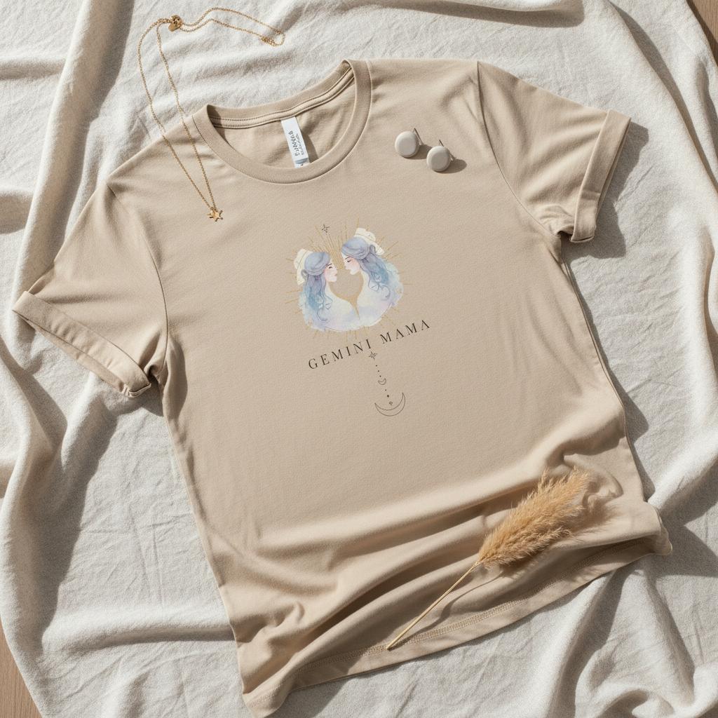 Flat lay of ivory Gemini Mama zodiac t-shirt with styled accessories and watercolor twin design