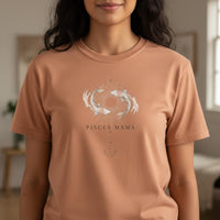 Load image into Gallery viewer, Close-up of sandstone Pisces Mama zodiac graphic t-shirt highlighting celestial koi artwork and print detail.