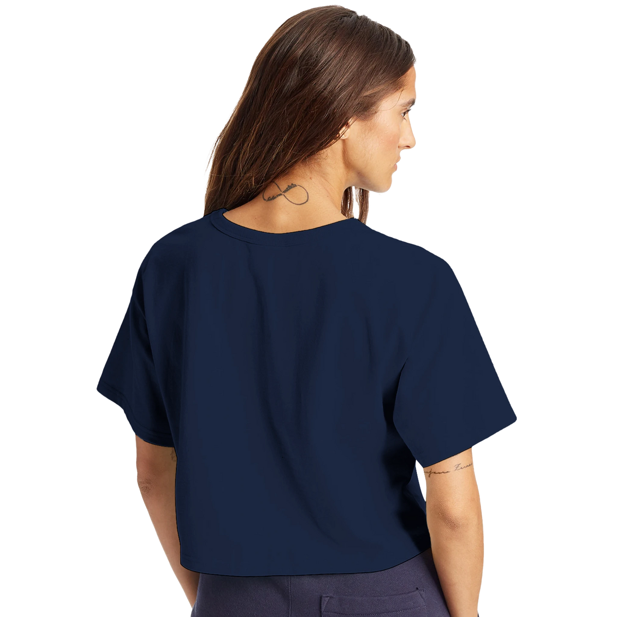 Back view of a navy cropped Champion women’s t-shirt