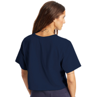Back view of a navy cropped Champion women’s t-shirt