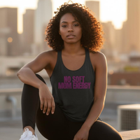 Load image into Gallery viewer, Woman sitting on rooftop wearing No Soft Mom Energy™ women’s racerback tank in vintage black