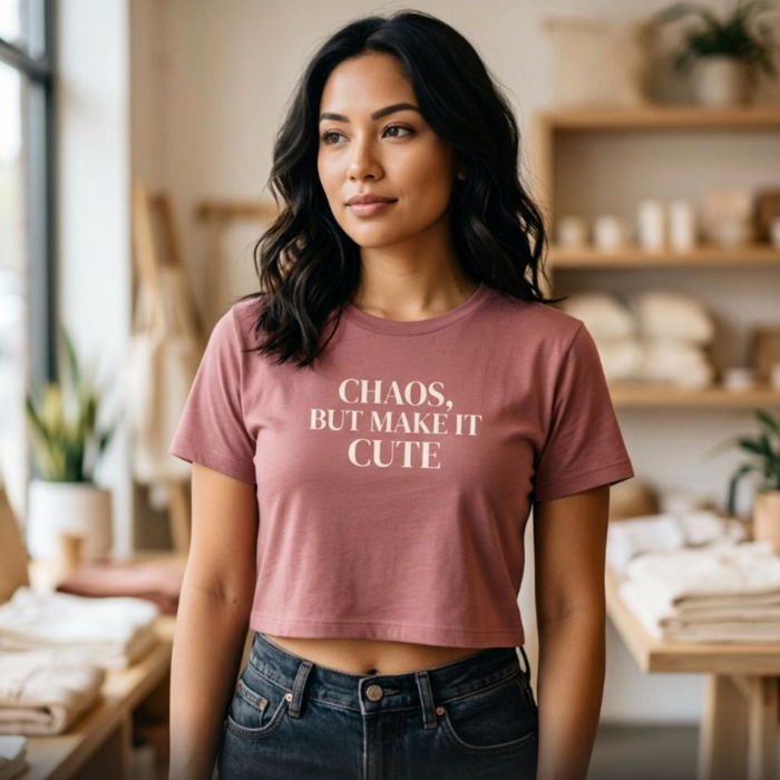 Woman wearing mauve “Chaos, But Make It Cute” cropped graphic t-shirt, relaxed indoor lifestyle look