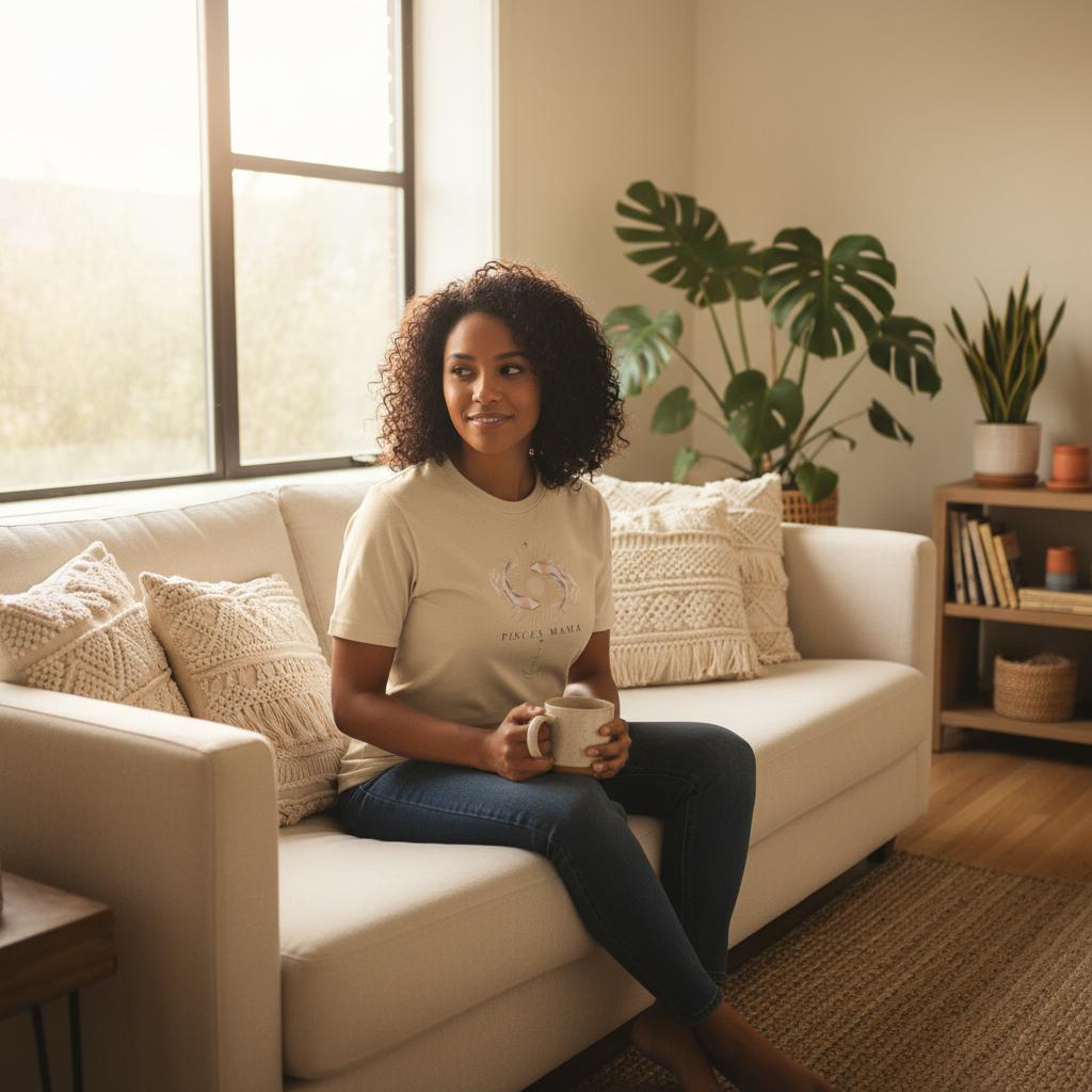 Woman relaxing indoors wearing ivory Pisces Mama astrology graphic t-shirt with casual everyday styling