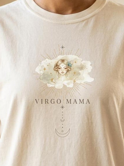 Close-up of Virgo Mama ivory zodiac graphic design on neutral t-shirt