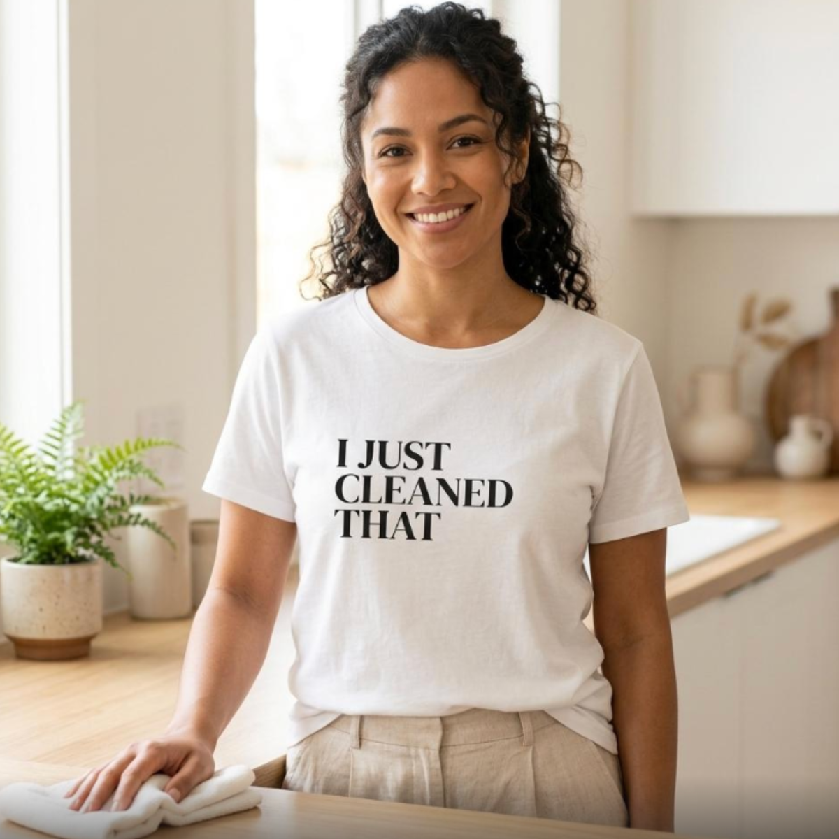 White “I Just Cleaned That” graphic t-shirt on woman in kitchen, funny mom shirt with casual everyday style