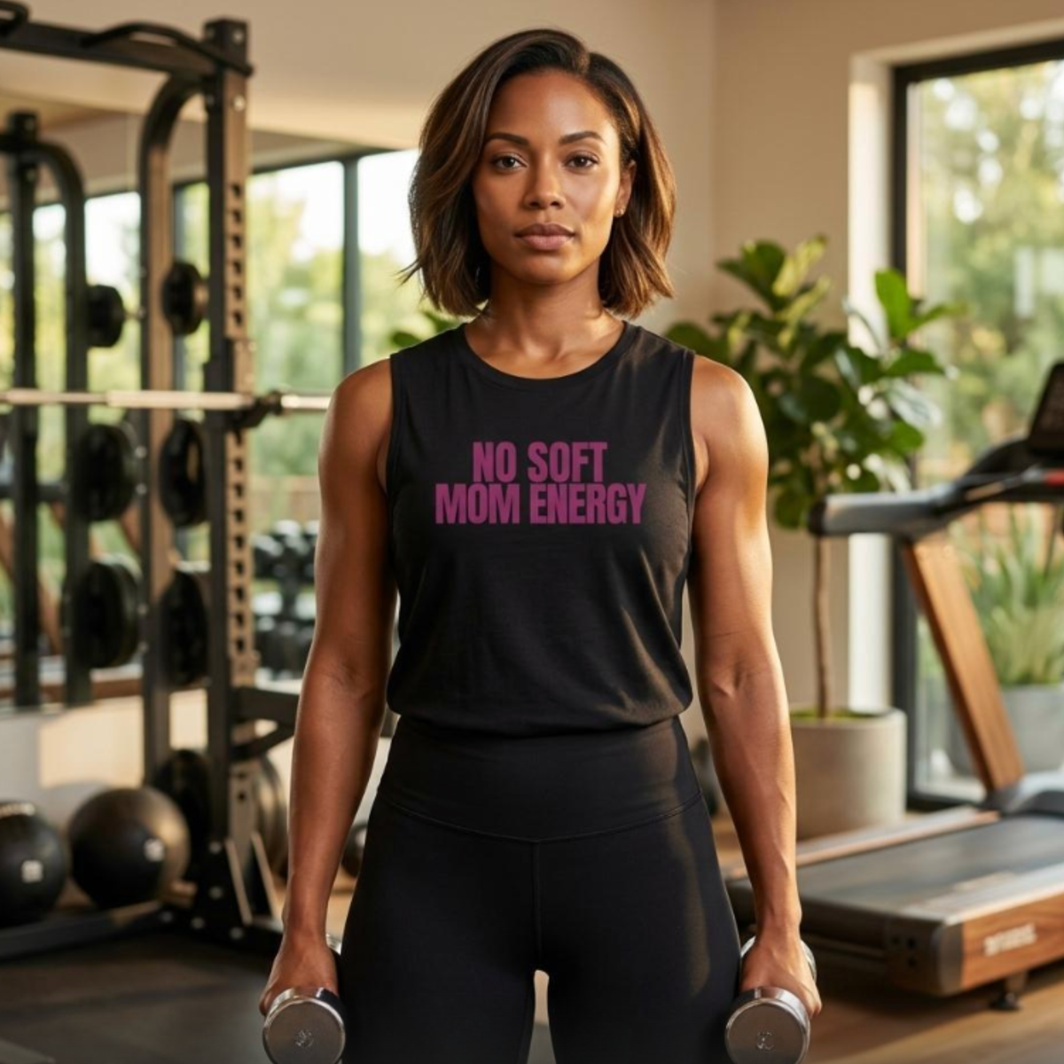 Woman holding dumbbells wearing black “No Soft Mom Energy” workout tank in home gym
