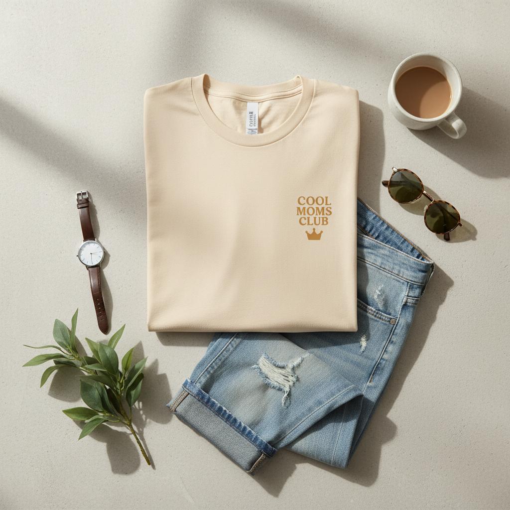 Folded beige t-shirt with 'Cool Moms Club' text, jeans, watch, coffee, and sunglasses on a light surface.