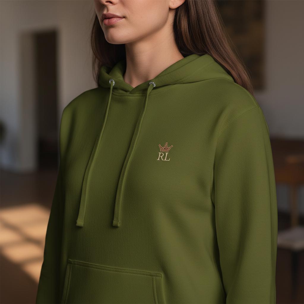Close-up of olive green Raising Legends hoodie showing embroidered crown and RL logo on the front chest.