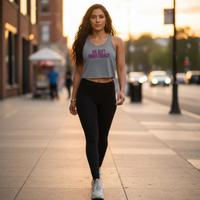 Load image into Gallery viewer, Woman walking outdoors wearing No Soft Mom Energy™ flowy racerback tank top in grey styled with black leggings