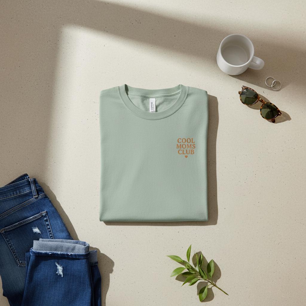 Folded green t-shirt with 'Cool Moms Club' text on a beige surface with jeans, mug, and sunglasses.