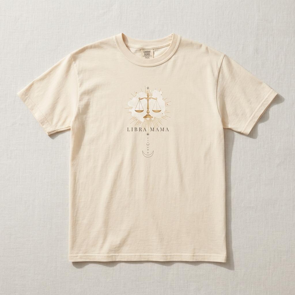 Flat lay of ivory Libra Mama graphic t-shirt on neutral textured background, featuring gold scale zodiac design.