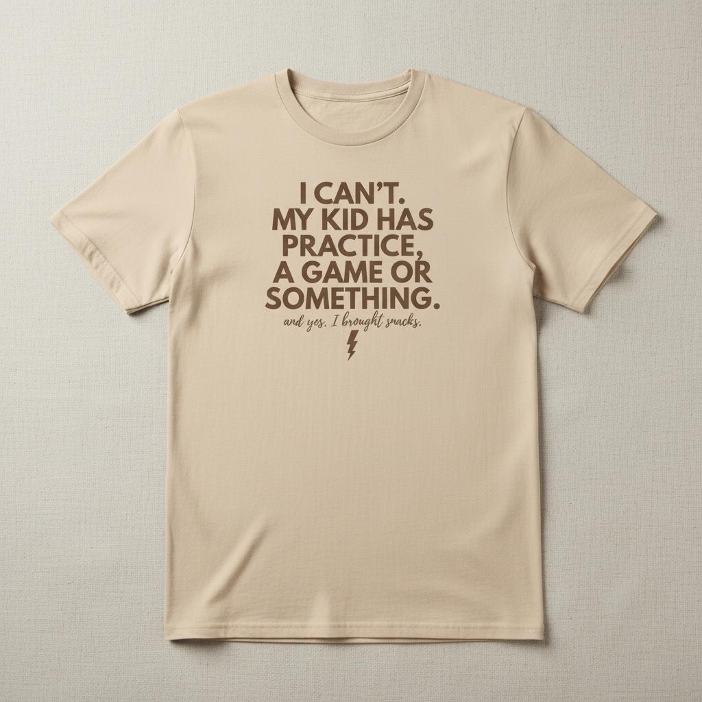 Flat lay of cream unisex mom t-shirt with “I can’t. My kid has practice, a game or something” text