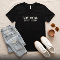Black “Boy Mom. Send Help” graphic t-shirt flat lay with jeans and sneakers, casual mom outfit styling