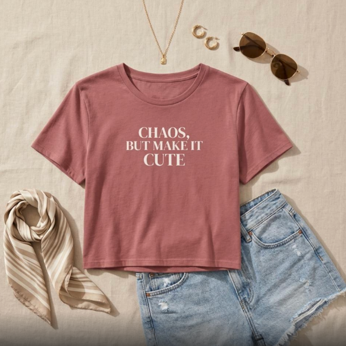 Mauve “Chaos, But Make It Cute” cropped graphic t-shirt flat lay styled with denim and neutral accessories