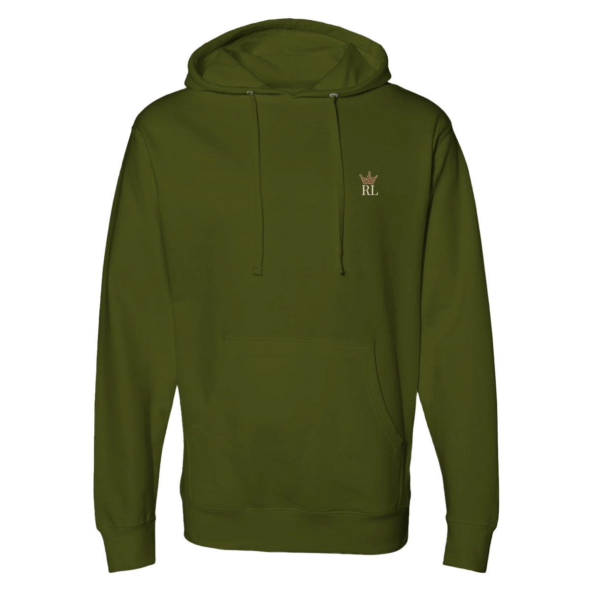 Front view of olive green Raising Legends hoodie with minimal crown and RL logo on the chest.