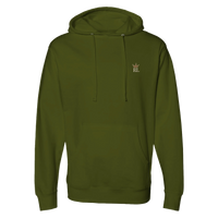 Front view of olive green Raising Legends hoodie with minimal crown and RL logo on the chest.