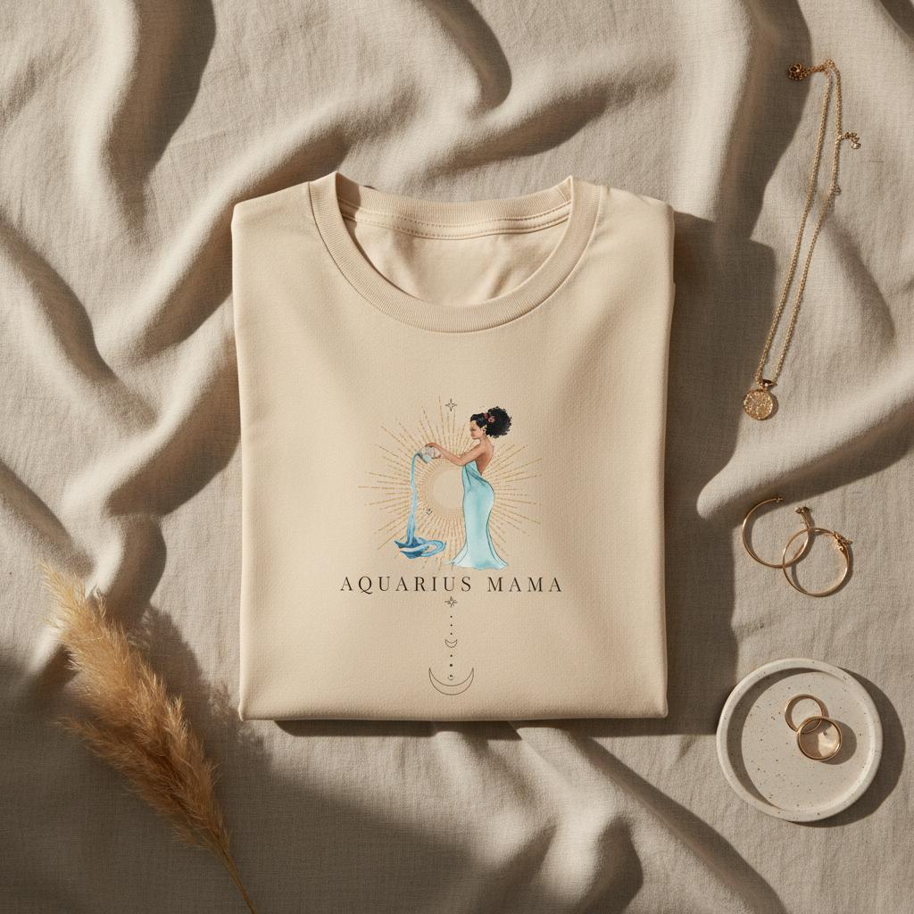Flat lay of folded ivory Aquarius Mama zodiac t-shirt with watercolor illustration surrounded by neutral accessories