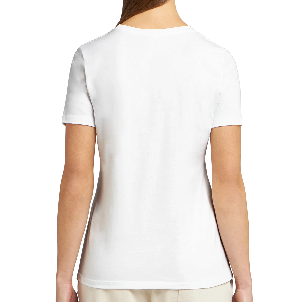 Back view of white women’s t-shirt, short sleeve relaxed fit tee with plain back