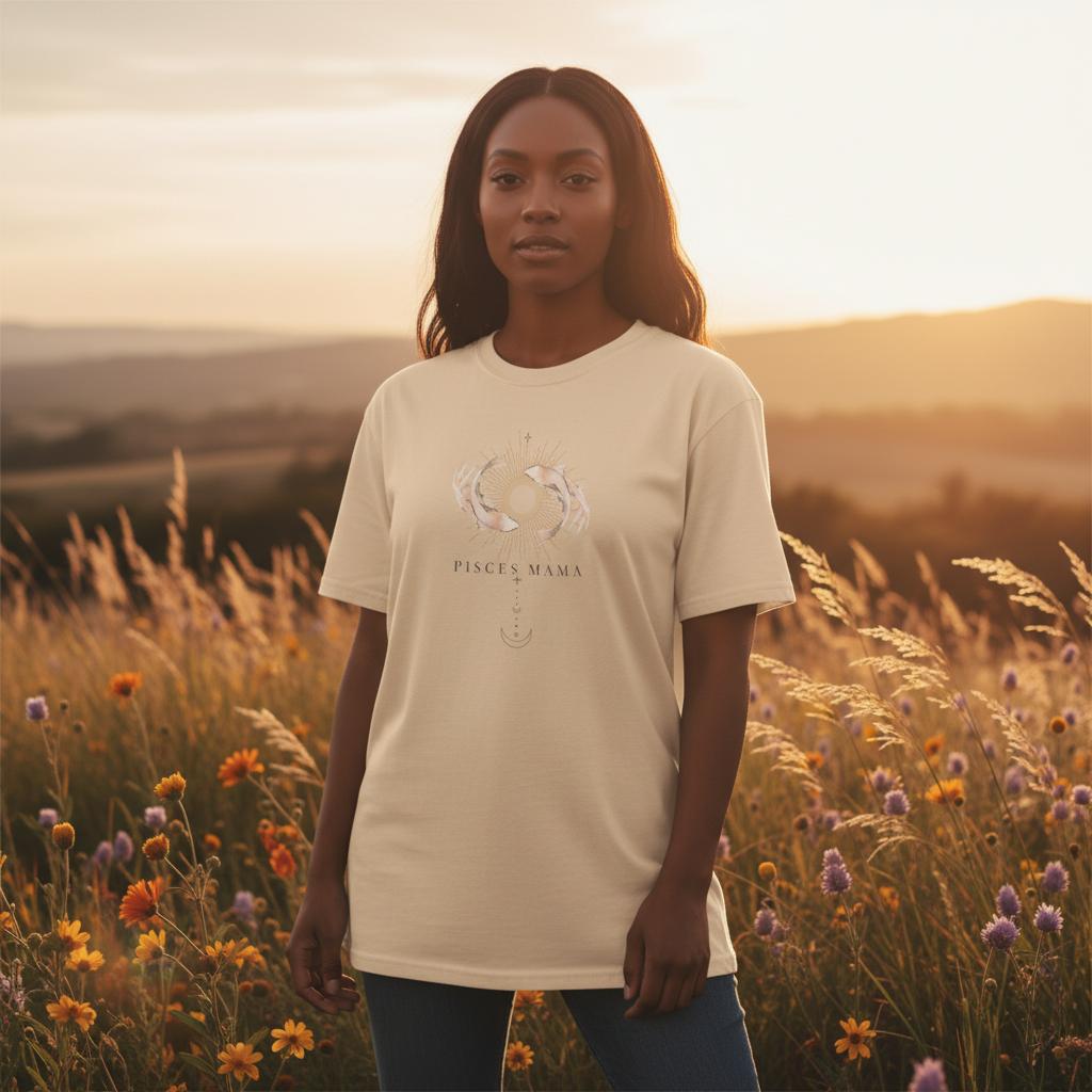 Woman wearing ivory Pisces Mama zodiac graphic t-shirt outdoors at sunset in a wildflower field