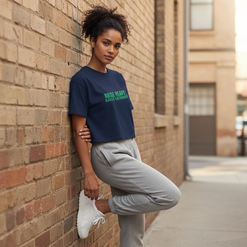 Woman leaning against a brick wall wearing a navy cropped Raise Heavy Raise Legends graphic tee and gray joggers