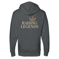 Back view of charcoal Raising Legends hoodie with crown graphic and “Raising Legends” lettering.