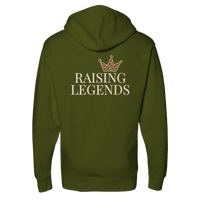 Back view of olive green Raising Legends hoodie featuring large crown graphic and “Raising Legends” text.
