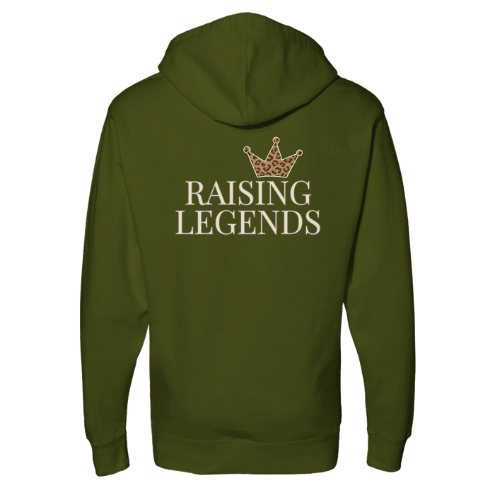 Back view of olive green Raising Legends hoodie featuring large crown graphic and “Raising Legends” text.