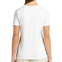 Back view of white women’s t-shirt, relaxed fit short sleeve tee, plain back design