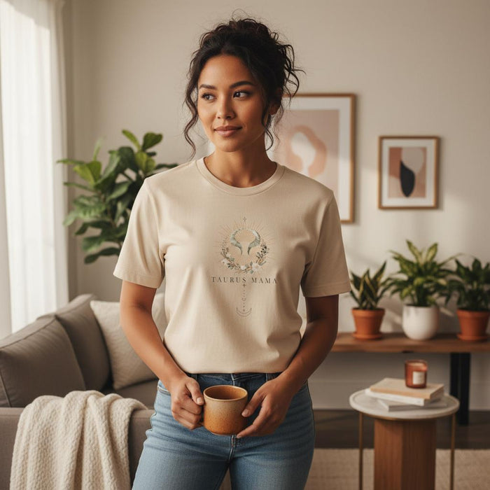 Woman wearing Taurus Mama ivory celestial graphic tee indoors holding coffee in cozy neutral living room