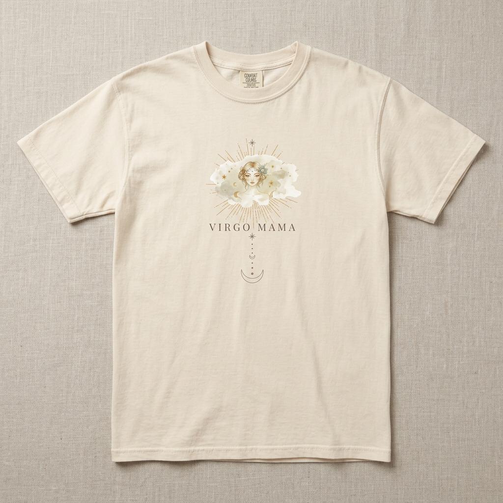 Virgo Mama ivory zodiac mom graphic t-shirt flat lay on neutral linen background