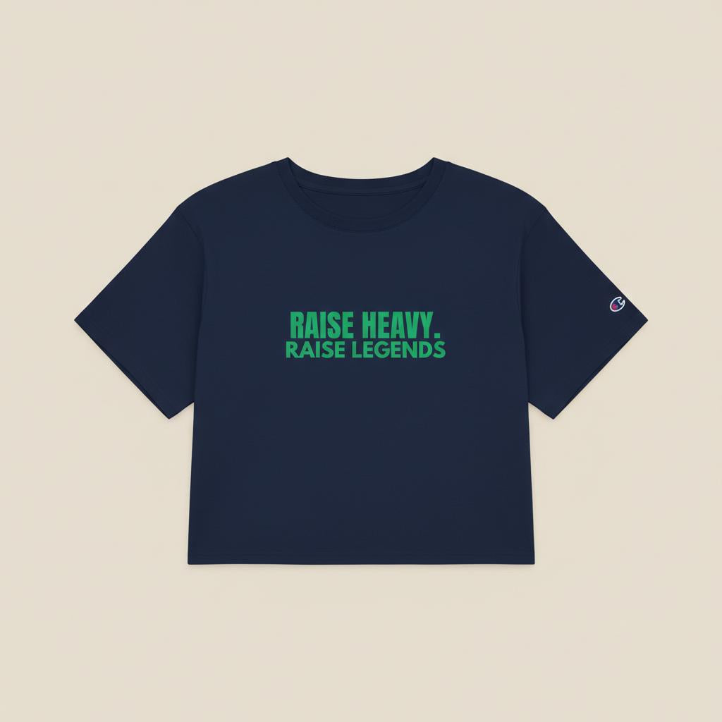 Navy cropped Champion t-shirt with green Raise Heavy Raise Legends typography shown flat