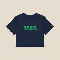Load image into Gallery viewer, Navy cropped Champion t-shirt with green Raise Heavy Raise Legends typography shown flat