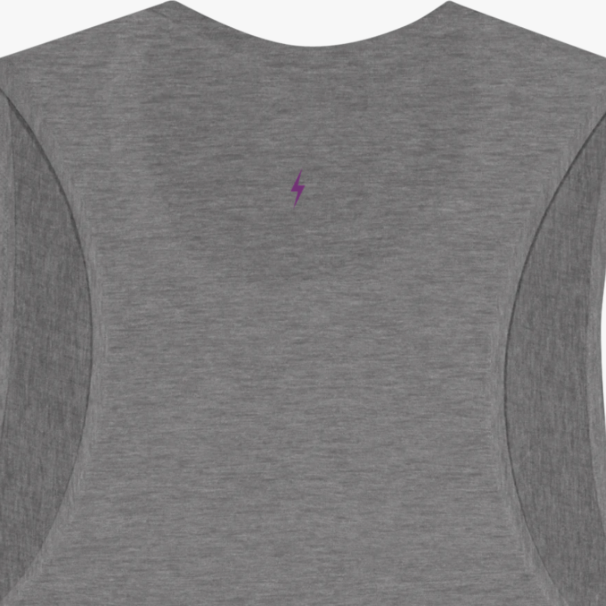 Back view of gray muscle tank featuring plum lightning bolt detail on upper back