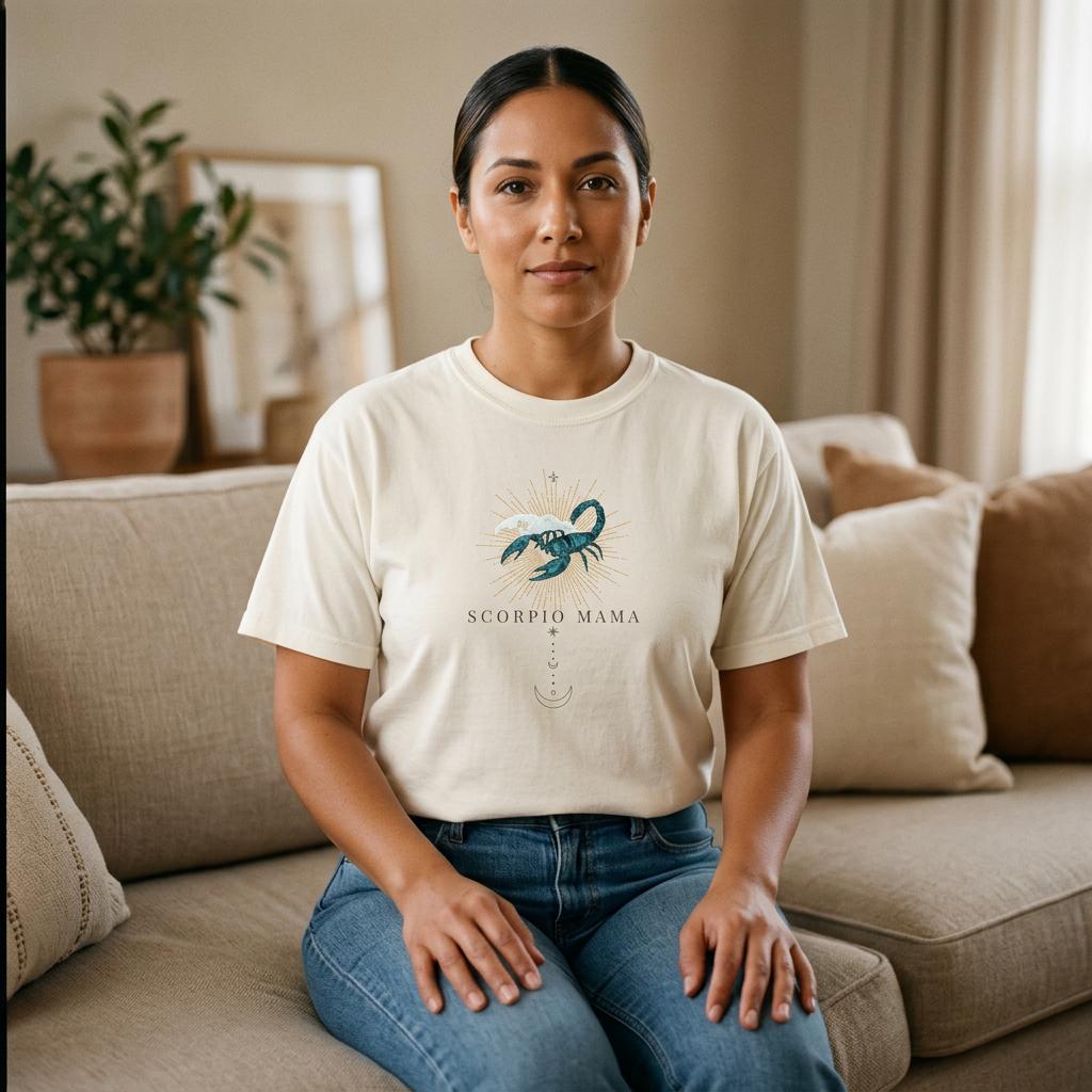 Latina woman wearing Scorpio Mama ivory zodiac graphic t-shirt seated indoors on neutral sofa
