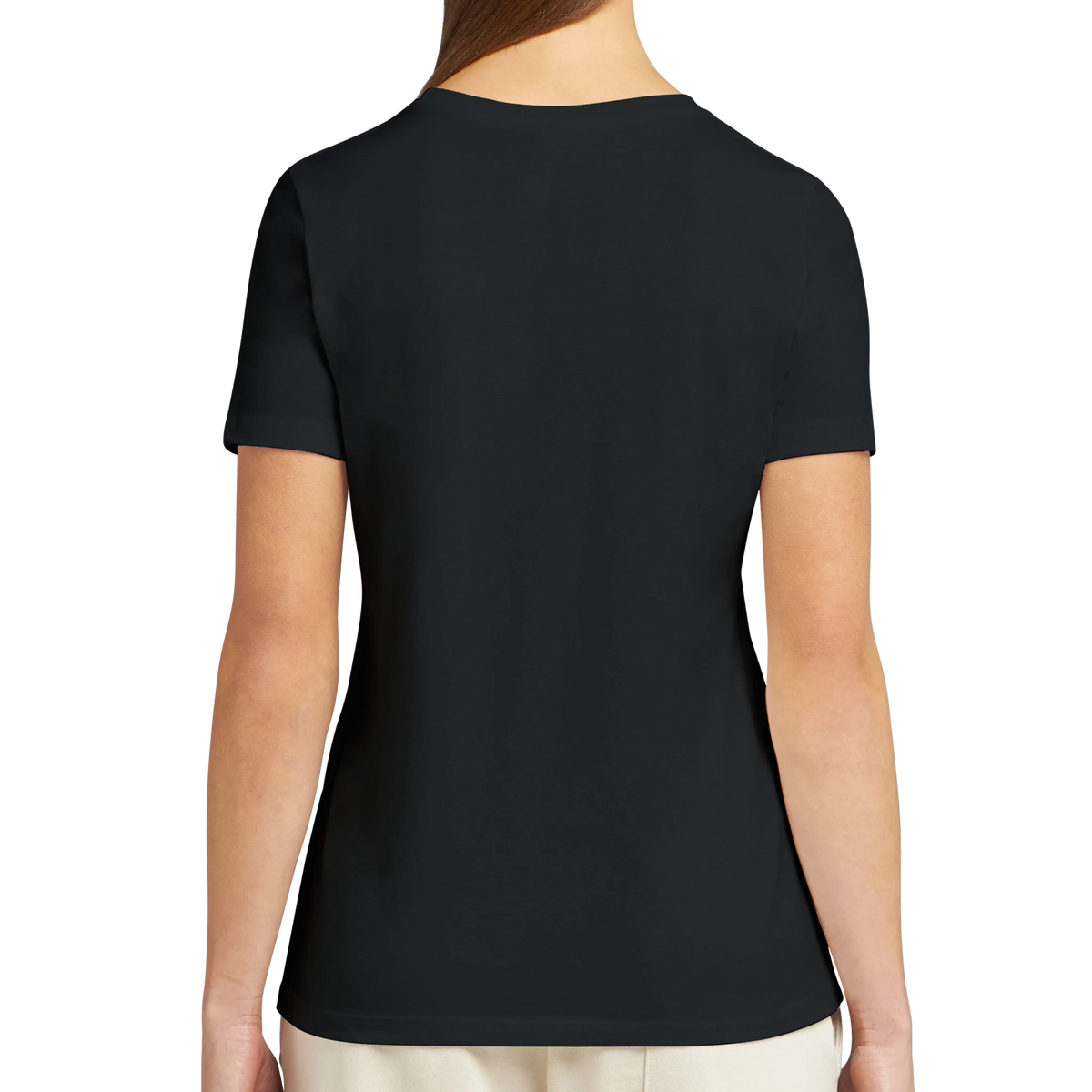 Back view of black women’s t-shirt, relaxed fit short sleeve tee, plain back design