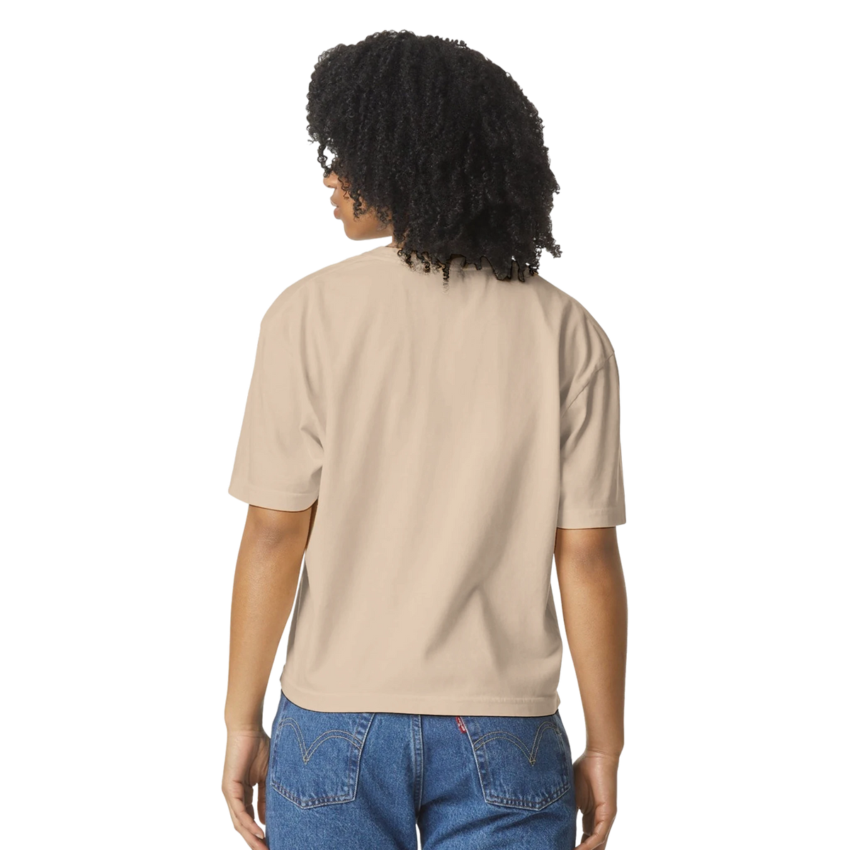 Back view of ivory MAMA cropped tee with relaxed drape