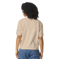Back view of ivory MAMA cropped tee with relaxed drape