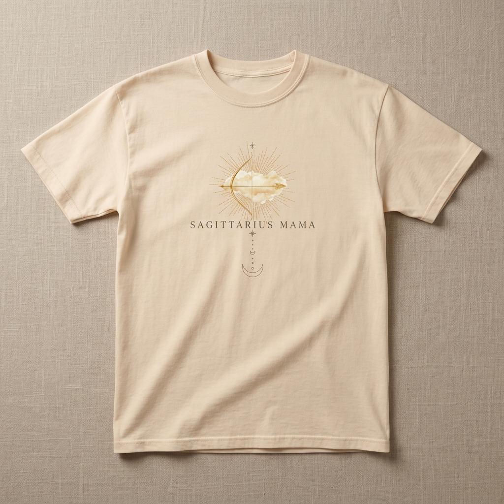 Sagittarius Mama ivory zodiac mom graphic t-shirt flat lay on neutral linen background