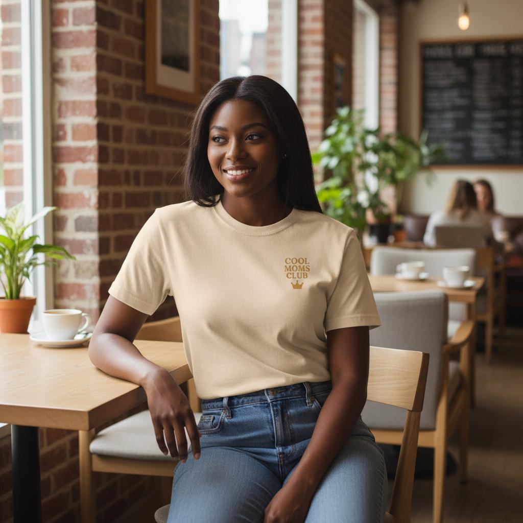 Woman wearing a beige t-shirt with text in a casual setting