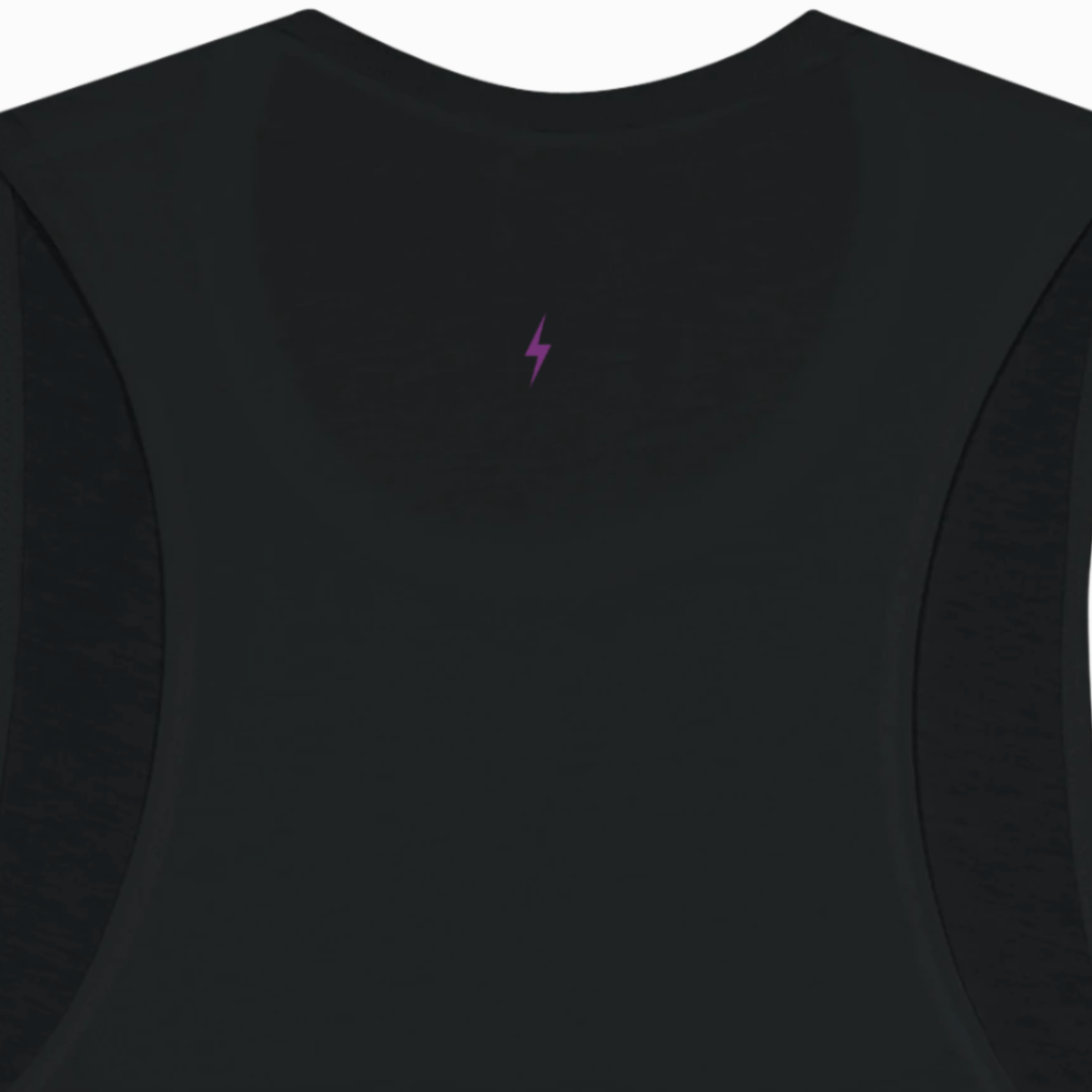 Back view of black muscle tank with small plum lightning bolt detail at neckline