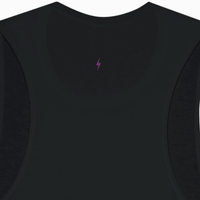 Back view of black muscle tank with small plum lightning bolt detail at neckline