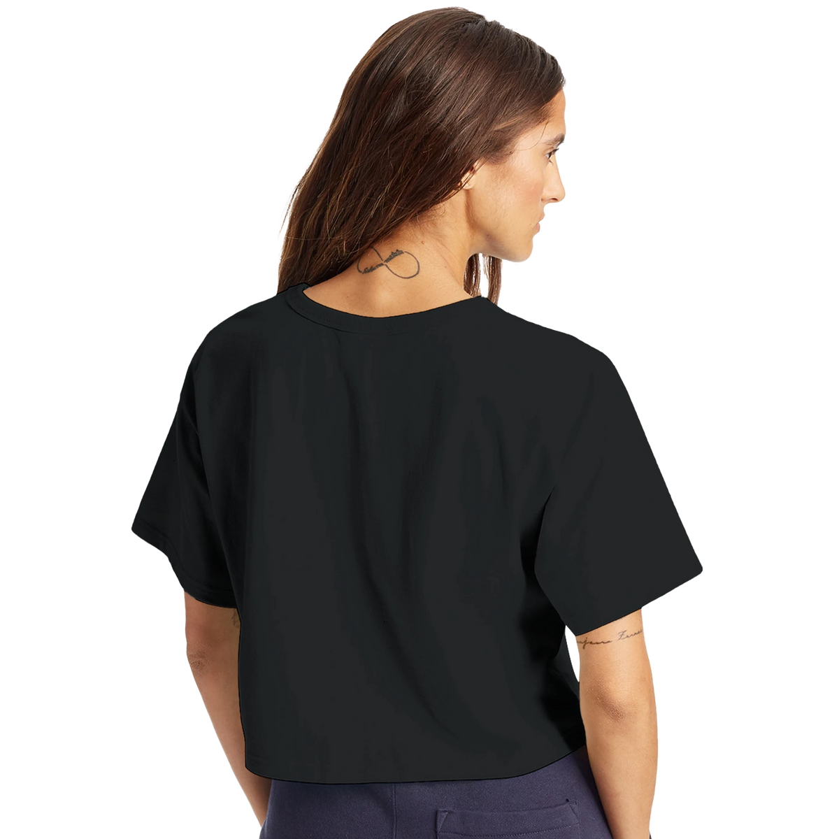 Back view of women’s black cropped Champion t-shirt