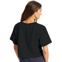 Back view of women’s black cropped Champion t-shirt