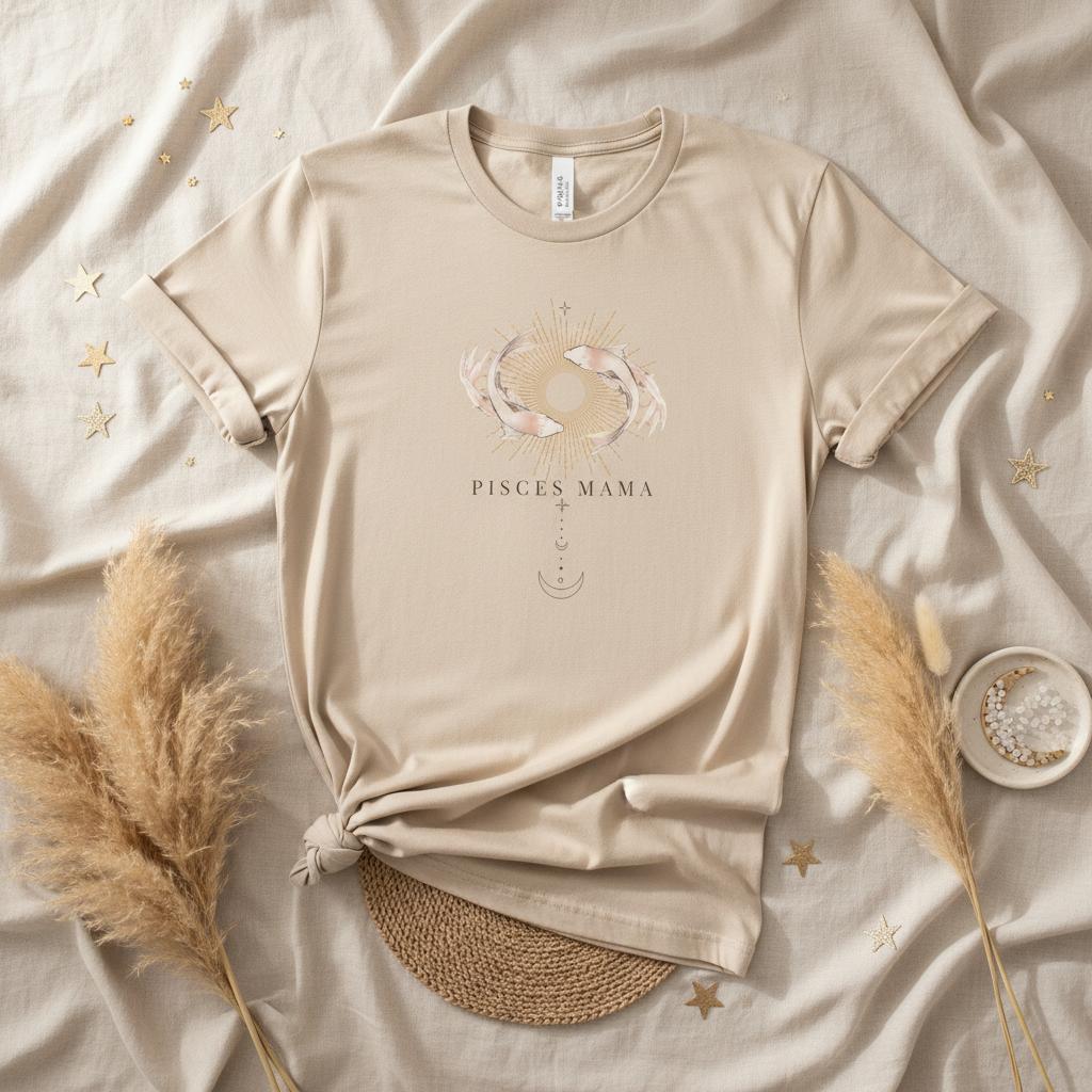 Ivory Pisces Mama zodiac graphic t-shirt flat lay with neutral boho styling and celestial design
