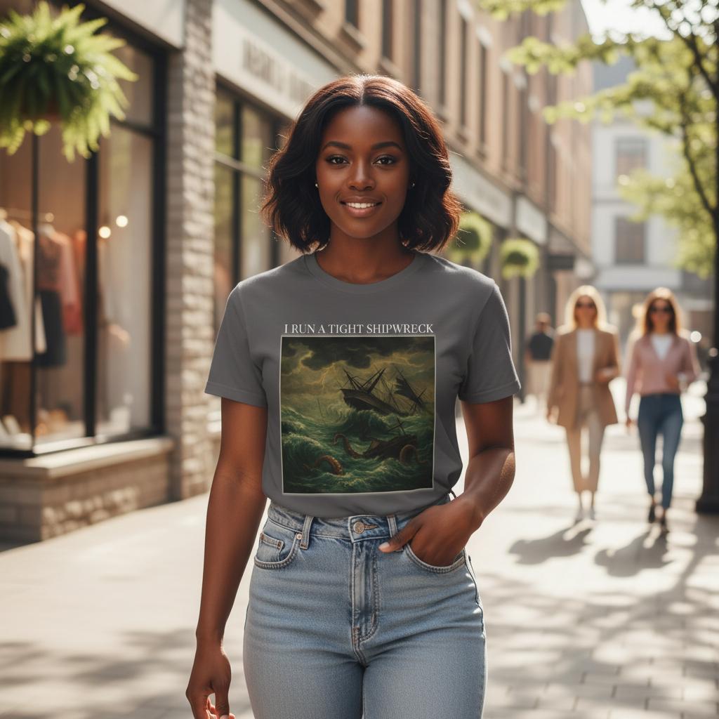 Woman wearing a t-shirt with a graphic design on a city street
