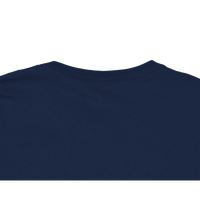 Close-up detail of the neckline and fabric of a navy cropped Champion t-shirt