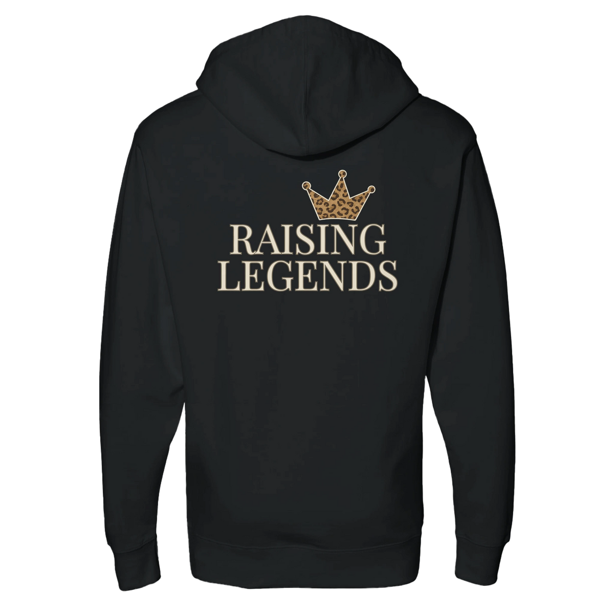 Back view of black Raising Legends hoodie featuring crown design and bold “Raising Legends” text.