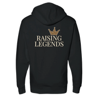 Back view of black Raising Legends hoodie featuring crown design and bold “Raising Legends” text.